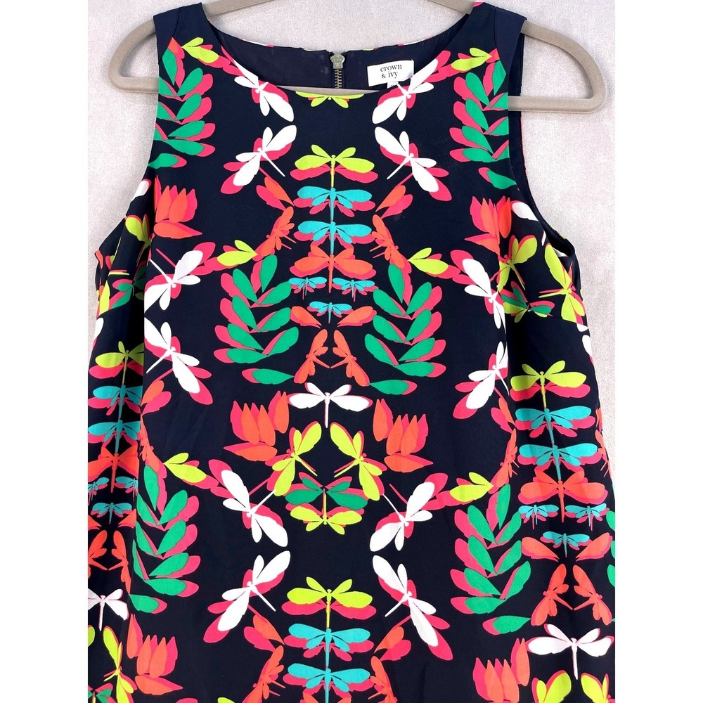 Crown & Ivy Navy Dragonfly Floral Shift Dress Sleeveless Gold Back Zip Size 10